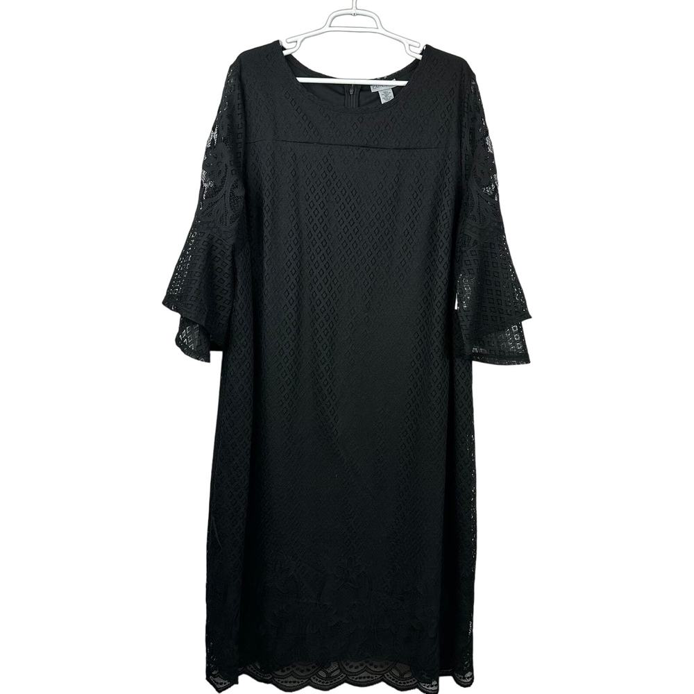 NWT Catherines Lace Overlay Dress with Bell Sleeves Black 2X